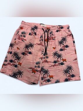 Men's Public Record Pink Palm-Print Swim Trunks with Drawstring M